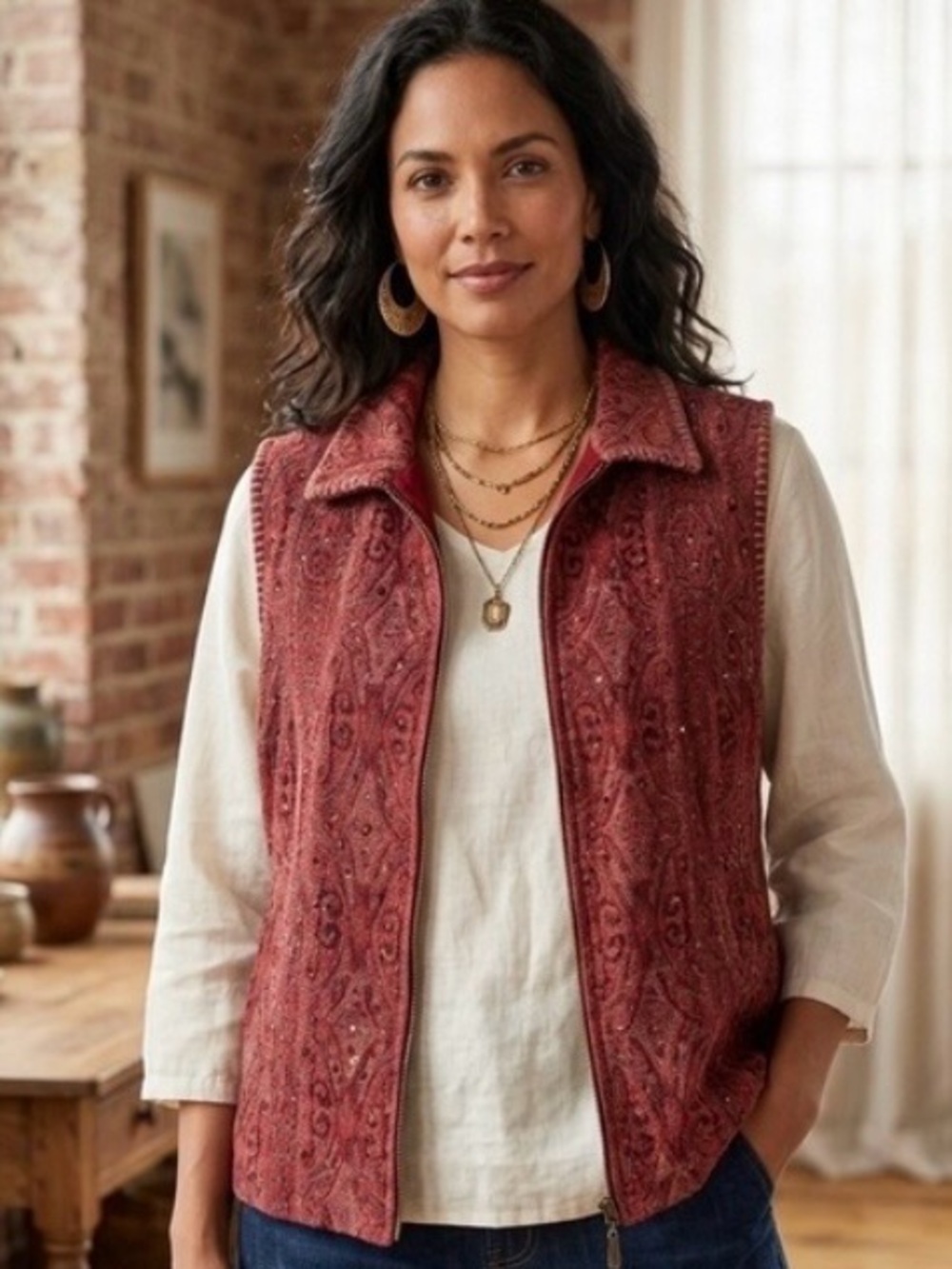 Units Womens Red Paisley Tapestry Beaded Sequin Zip Front Vest XL Boho Artsy